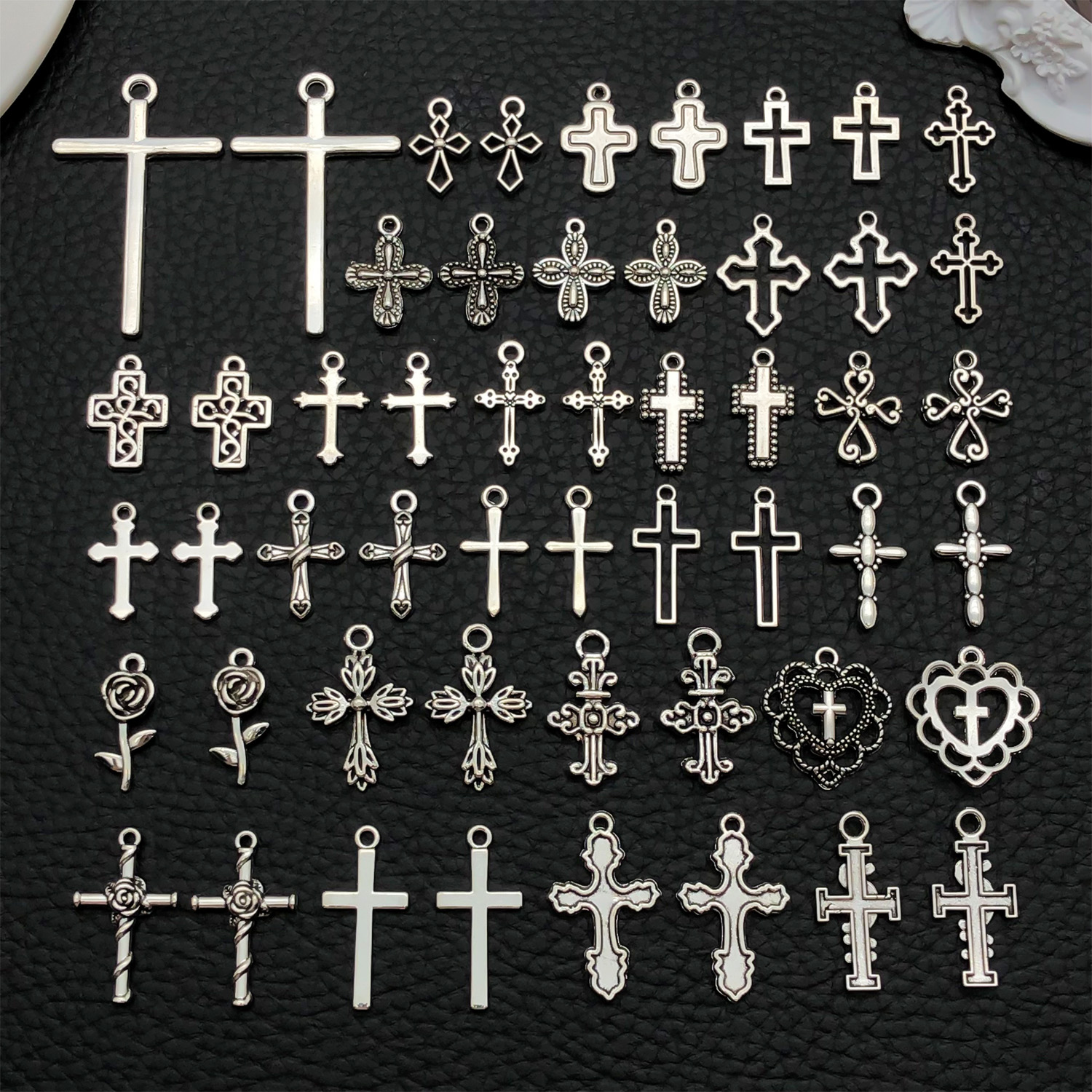 Ethnic Fashion Style - 52pcs Assorted Cross Pendants (Antique Silver/Black)