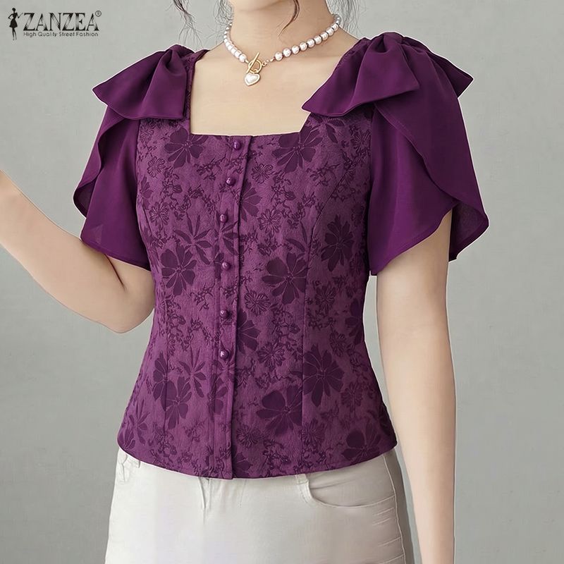 Thai Silk Blouse - ZANZEA Woman Elegant Floral Jacquard Blouses
